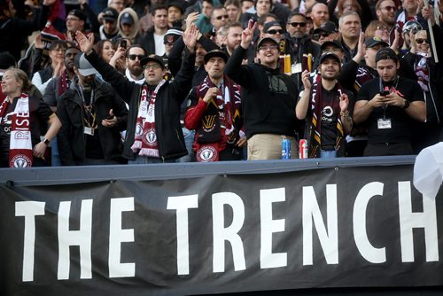 TREVOR HAGAN / WINNIPEG FREE PRESS
Fans in The Trench section of Investors Group Field celebrate after Valour FC's Micheal Petrasso (9) scores the teams first goal at home, on a penalty kick, against Edmonton FC, Saturday, May 4, 2019. For Mike Sawatzky story about fan group