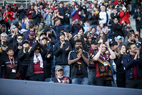 TREVOR HAGAN / WINNIPEG FREE PRESS
Fans at Investors Group Field celebrate after Valour FC's Micheal Petrasso (9) scores the teams first goal at home, on a penalty kick, against Edmonton FC, Saturday, May 4, 2019.