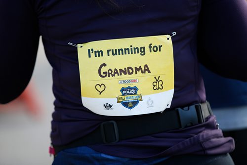 JOHN WOODS / WINNIPEG FREE PRESS
A runner runs for Grandma at the Winnipeg Police Service Half Marathon at Assiniboine Park in Winnipeg Sunday, May 5, 2019.

Reporter: Alex