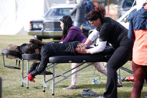 JOHN WOODS / WINNIPEG FREE PRESS
Runners recover at the Winnipeg Police Service Half Marathon at Assiniboine Park in Winnipeg Sunday, May 5, 2019.

Reporter: Alex