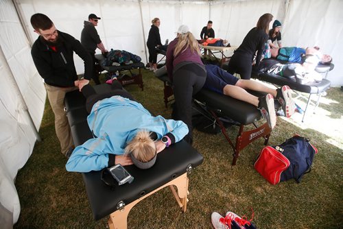 JOHN WOODS / WINNIPEG FREE PRESS
Runners recover at the Winnipeg Police Service Half Marathon at Assiniboine Park in Winnipeg Sunday, May 5, 2019.

Reporter: Alex