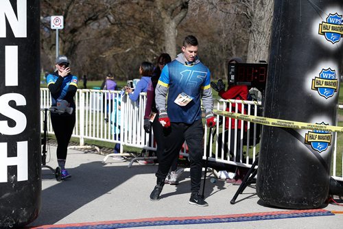 JOHN WOODS / WINNIPEG FREE PRESS
Shane Dyck, who was deemed a quadriplegic with 1% chance of walking again after a motorcycle accident August 27 2013, completes the Winnipeg Police Service Half Marathon with his girlfriend Natalie Caister for his mom Irene who died of cancer May 26, 2018 and was there for him in every step of his recovery. The run occurred at Assiniboine Park in Winnipeg Sunday, May 5, 2019.

Reporter: Alex