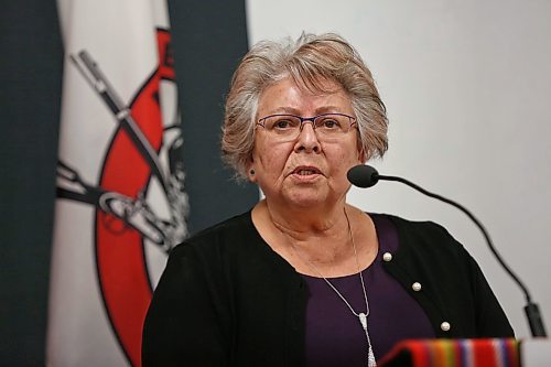 MIKE DEAL / WINNIPEG FREE PRESS
Joan Ledoux, Minister of Provincial Education, MMF, speaks about the results from a recent study assessing the school readiness of Métis children in Manitoba during an event held at the MMF, 150 Henry Avenue, Tuesday morning. 
190507 - Tuesday, May 7, 2019