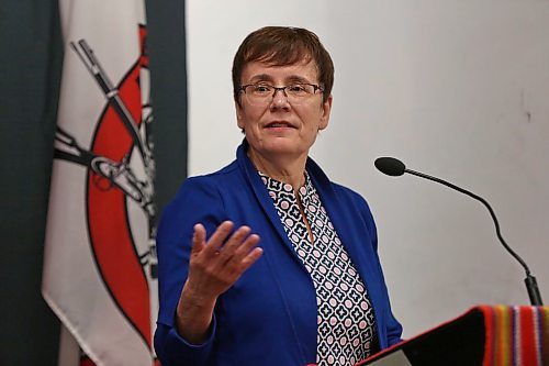 MIKE DEAL / WINNIPEG FREE PRESS
Dr. Annette Trimbee, President and Vice-Chancellor, U of W, speaks about the results from a recent study assessing the school readiness of Métis children in Manitoba during an event held at the MMF, 150 Henry Avenue, Tuesday morning. 
190507 - Tuesday, May 7, 2019