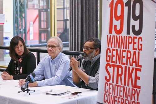 MIKE DEAL / WINNIPEG FREE PRESS
(From left) Rhonda L. Hinther, History Prof Brandon University, James Naylor, History Prof Brandon University, and Krishna Lalbiharie, Commutations consultant, during an event at the University of Winnipeg announcing a four-day conference at the University of Winnipeg (May 8-11) marking the 100th anniversary of the historic 1919 Winnipeg General Strike. It is expected that around 300 activists, organizers, scholars, trade unionists, artists and labour & social justice rights advocates from across Canada will gather in Winnipeg for the event. 
190507 - Tuesday, May 7, 2019.