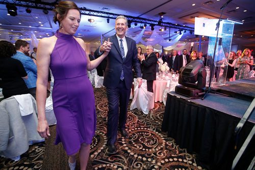 JOHN WOODS / WINNIPEG FREE PRESS
Premier Brian Pallister, with wife Esther, talks to party faithful at the Blue Skies fundraising dinner at Victoria Inn in Winnipeg Tuesday, May 7, 2019.

Reporter: Allen