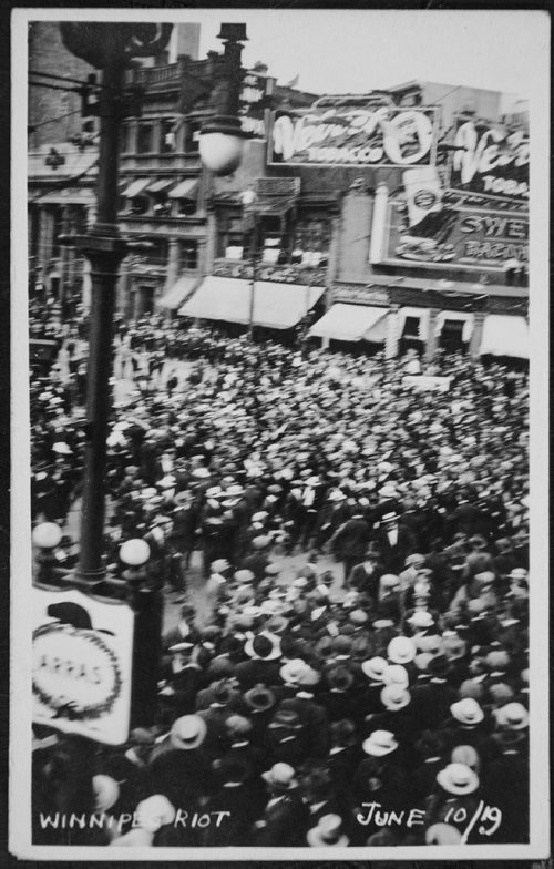 Archives of Manitoba
R v. Ivens exhibit 901
June 10, 1919
"Crowd on after the "?" specials on Car. Portage and Main St."


Winnipeg General Strike, 1919