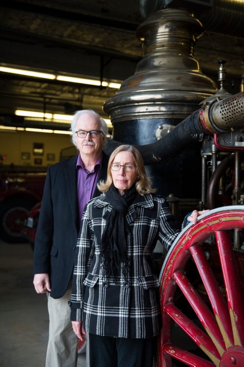 MIKAELA MACKENZIE / WINNIPEG FREE PRESS
Nolan and Sharon Reilly, historians who love researching the strike and have put together a driving/walking tour of its most important locations, pose at the Maple Street fire hall in Winnipeg on Wednesday, May 8, 2019. This fire hall is where the team was dispatched to put out the streetcar fire during the strike. For Jessica Botelho-Urbanski story.
Winnipeg Free Press 2019.