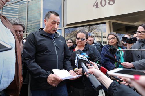 RUTH BONNEVILLE / WINNIPEG FREE PRESS 

George and his wife Melinda Wood, parents of murder victim Christine Wood, are surrounded by friends and family as George makes a statement to the media regarding the sentencing of Brett Overby who was convicted of 2nd degree murder, on Wednesday outside the Law Courts building 

May 8, 2019

