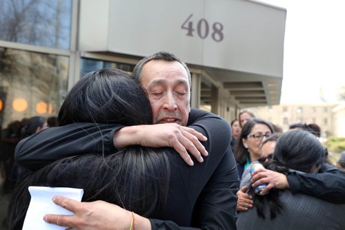 RUTH BONNEVILLE / WINNIPEG FREE PRESS 

George and his wife Melinda Wood, parents of murder victim Christine Wood, are embraced by family and community members outside the Law Courts building after George makes a statement to the media regarding the sentencing of  Brett Overby who was convicted of 2nd degree murder on Wednesday.

May 8, 2019

