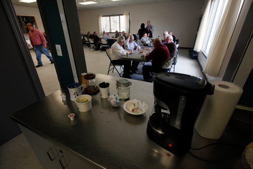 PHIL HOSSACK / WINNIPEG FREE PRESS - Twice a week retiree's gather at the Woodhaven CC where the "Mens Shack" hangs out over coffee carving and conversation. - .....See Brenda Suderman's story. .  - May 8, 2019.