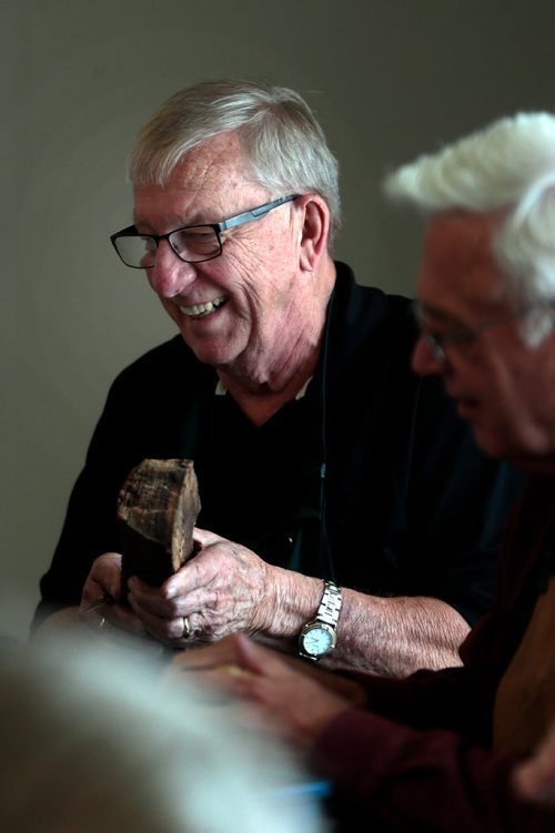 PHIL HOSSACK / WINNIPEG FREE PRESS - Twice a week retiree's gather at the Woodhaven CC where the "Mens Shack" hangs out over coffee carving and conversation.Jerry Oleschuk enjoys carving a piece of Cottonwood bark.  - .....See Brenda Suderman's story. .  - May 8, 2019.