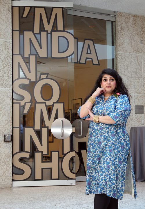 JASON HALSTEAD / WINNIPEG FREE PRESS

Divya Mehra with her work on the gallery doors entitled 'Contemporary South Asian Art' at the gala opening for Vision Exchange: Perspectives from India to Canada at the Winnipeg Art Gallery on May 8, 2019. The show opens to the public on May 11, 2019.