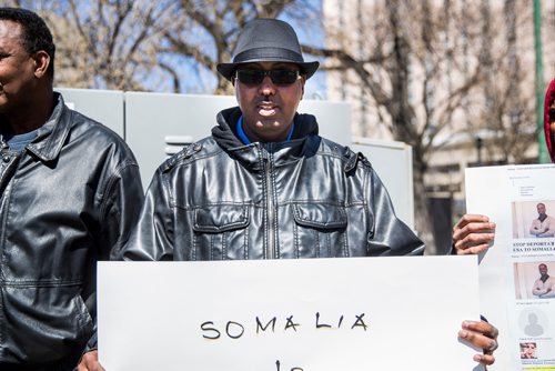 MIKAELA MACKENZIE / WINNIPEG FREE PRESS
Yahya Hashim, Somali community centre program manager, at a rally against deportation of Somalis at Central Park in Winnipeg on Thursday, May 9, 2019.  The demonstration was instigated by CBSA deportation of young Somali men who haven't lived there in decades and are in danger. For Carol Sanders story.
Winnipeg Free Press 2019.