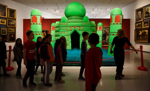 MIKE DEAL / WINNIPEG FREE PRESS
Students from OV Jewitt Community School walk past Divya Mehra's inflatable attempt at the Taj Mahal.
WAG held a preview of the Vision Exchange: Perspectives from India to Canada Thursday morning for Grade 4 students from OV Jewitt Community School and the media. According to the WAG it is Manitobas first major exhibition celebrating contemporary artists from India and Canada. Dr. Stephen Borys, WAG Director and CEO spoke during the event that was also attended by artist Sarindar Dhaliwal whose work, "the cartographer's mistake: the Radcliffe Line, 2012" is on display. 
190509 - Thursday, May 09, 2019.