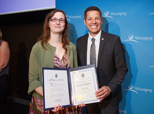 MIKE DEAL / WINNIPEG FREE PRESS
North End BIZ award winner Jessica Thompson with Mayor Brian Bowman during the Mayor's BIZ Awards at the Metropolitan Entertainment Centre Thursday afternoon. The awards recognize exemplary work that contributs to BIZ programs across the city.
190509 - Thursday, May 09, 2019.