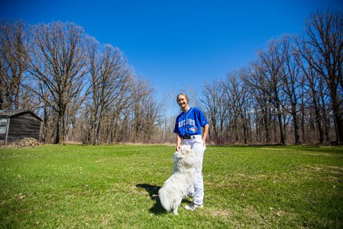 MIKAELA MACKENZIE / WINNIPEG FREE PRESS
Brittney Langlais poses for portraits with her dog, Lily, on her property near Garson, Manitoba on Thursday, May 9, 2019. Langlais is one of two first female players on the Manitoba Junior Baseball League. For Jason Bell story.
Winnipeg Free Press 2019.