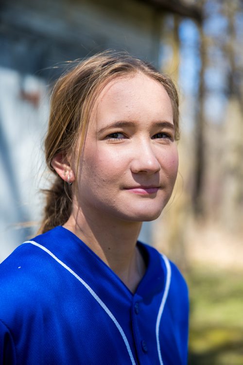 MIKAELA MACKENZIE / WINNIPEG FREE PRESS
Brittney Langlais poses for portraits on her property near Garson, Manitoba on Thursday, May 9, 2019. Langlais is one of two first female players on the Manitoba Junior Baseball League. For Jason Bell story.
Winnipeg Free Press 2019.