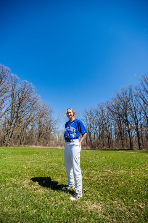 MIKAELA MACKENZIE / WINNIPEG FREE PRESS
Brittney Langlais poses for portraits on her property near Garson, Manitoba on Thursday, May 9, 2019. Langlais is one of two first female players on the Manitoba Junior Baseball League. For Jason Bell story.
Winnipeg Free Press 2019.