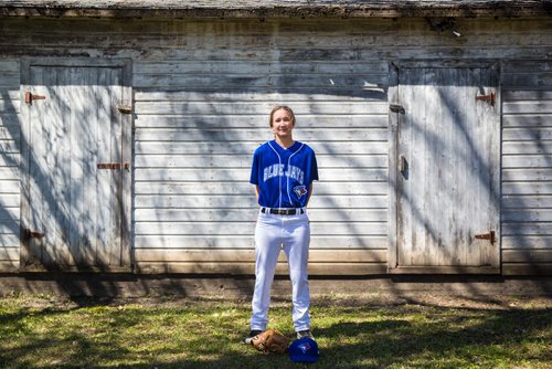 MIKAELA MACKENZIE / WINNIPEG FREE PRESS
Brittney Langlais poses for portraits on her property near Garson, Manitoba on Thursday, May 9, 2019. Langlais is one of two first female players on the Manitoba Junior Baseball League. For Jason Bell story.
Winnipeg Free Press 2019.