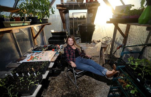 TREVOR HAGAN / WINNIPEG FREE PRESS
Maggie Wysocki in her own 100 square foot greenhouse north of the city, for Declan story, Thursday, May 9, 2019.