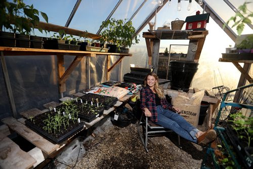 TREVOR HAGAN / WINNIPEG FREE PRESS
Maggie Wysocki in her own 100 square foot greenhouse north of the city, for Declan story, Thursday, May 9, 2019.