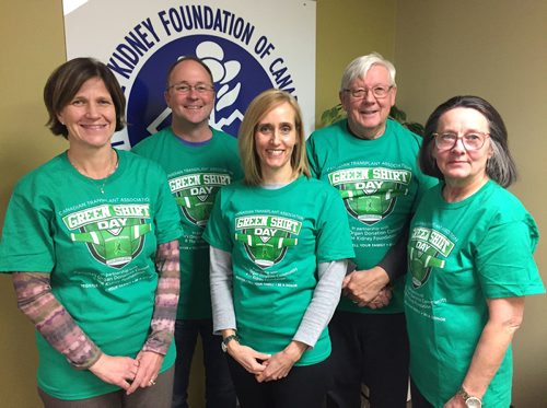 SUBMITTED PHOTO

L-R: Kidney Foundation of Canada Manitoba Branch board members Clara Bohm, Dave McIsaac, Tracy Solar, Gary Black and Donna Dzydz take part in Green Shirt Day on April 5, 2019, at its south Winnipeg office. (See Social Page)