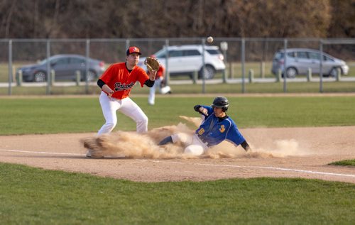 SASHA SEFTER / WINNIPEG FREE PRESS
St. Boniface Legionaires player Nathan Agar (16) slides into third base safely during the first inning of a game against the Pembina Valley Orioles at Whittier park.
190510 - Friday, May 10, 2019.