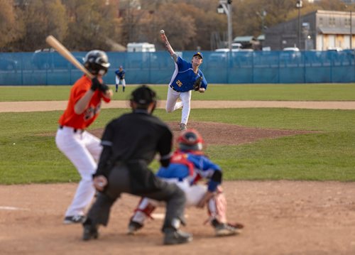 SASHA SEFTER / WINNIPEG FREE PRESS
St. Boniface Legionaires pitcher Justin Beaumont (25) throws a strike during the first at bat of the game at the Whittier park baseball diamond.
190510 - Friday, May 10, 2019.