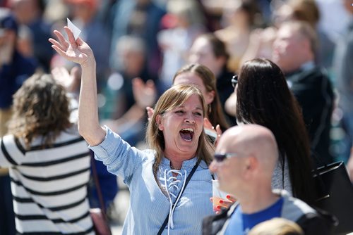 JOHN WOODS / WINNIPEG FREE PRESS
Race fan Jan-Rae Anderson cheers after seeing her horse in first in the first race on opening day at Assiniboia Downs in Winnipeg Sunday, May 12, 2019.

Reporter: Sports Feature