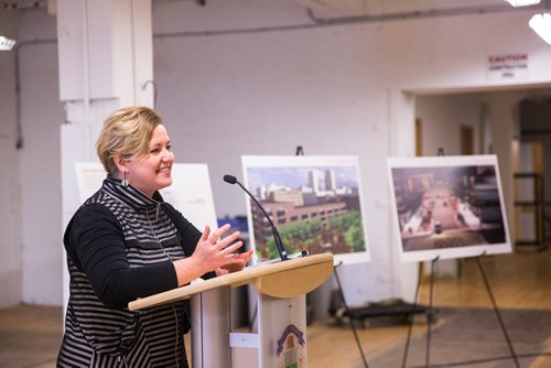MIKAELA MACKENZIE / WINNIPEG FREE PRESS
Angela Mathieson, president and CEO of CentreVenture speaks at a press conference announcing development of the Northwest Exchange District and Chinatown areas in Winnipeg on Monday, May 13, 2019.  For Ryan Thorpe story.
Winnipeg Free Press 2019.
