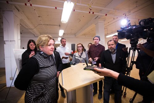 MIKAELA MACKENZIE / WINNIPEG FREE PRESS
Angela Mathieson, president and CEO of CentreVenture speaks to the media after a press conference announcing development of the Northwest Exchange District and Chinatown areas in Winnipeg on Monday, May 13, 2019.  For Ryan Thorpe story.
Winnipeg Free Press 2019.