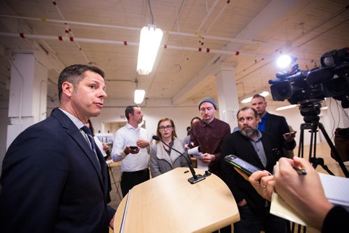 MIKAELA MACKENZIE / WINNIPEG FREE PRESS
Mayor Brian Bowman, speaks to the media after a press conference announcing development of the Northwest Exchange District and Chinatown areas in Winnipeg on Monday, May 13, 2019.  For Ryan Thorpe story.
Winnipeg Free Press 2019.