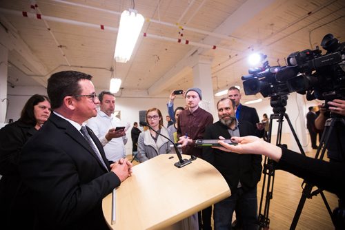 MIKAELA MACKENZIE / WINNIPEG FREE PRESS
Municipal Relations Minister Jeff Wharton, speaks to the media after a press conference announcing development of the Northwest Exchange District and Chinatown areas in Winnipeg on Monday, May 13, 2019.  For Ryan Thorpe story.
Winnipeg Free Press 2019.