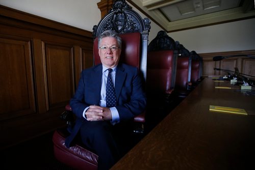 JOHN WOODS / WINNIPEG FREE PRESS
Manitoba Court of Appeal Chief Justice Richard Chartier is photographed in courtroom 303 at The Law Courts in Winnipeg Monday, May 13, 2019.  For two days in September the courtroom will become home to the Supreme Court of Canada who, for the first time in history, will be using it to hold hearings outside of Ottawa.

Reporter: Rollason