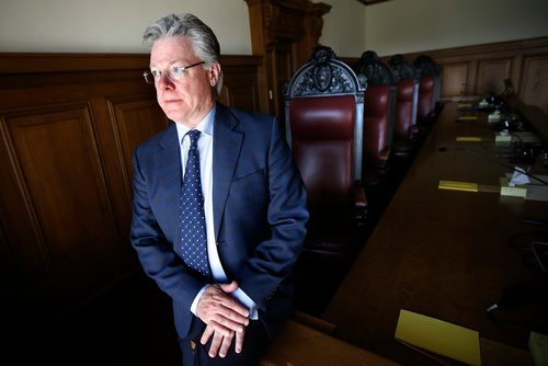 JOHN WOODS / WINNIPEG FREE PRESS
Manitoba Court of Appeal Chief Justice Richard Chartier is photographed in courtroom 303 at The Law Courts in Winnipeg Monday, May 13, 2019.  For two days in September the courtroom will become home to the Supreme Court of Canada who, for the first time in history, will be using it to hold hearings outside of Ottawa.

Reporter: Rollason