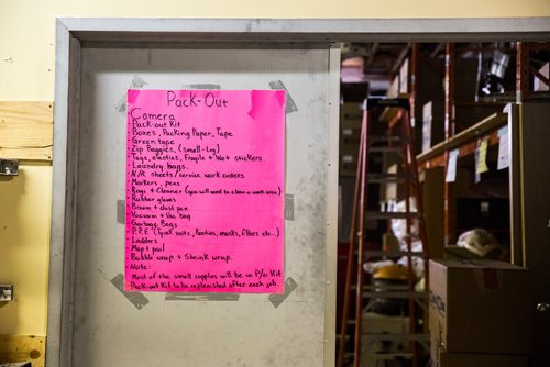 MIKAELA MACKENZIE / WINNIPEG FREE PRESS
Cleaning supply notes at WinMar property restoration in Winnipeg on Monday, May 13, 2019.  For Erin Lebar story.
Winnipeg Free Press 2019.