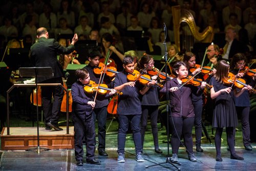 MIKAELA MACKENZIE / WINNIPEG FREE PRESS
Grade four, five, and six students from Ecole Seven Oaks Middle School and Ecole Leila North play violin with the Winnipeg Symphony Orchestra as part of the Adventures in Music program at the Centennial Concert Hall in Winnipeg on Tuesday, May 14, 2019. 
Winnipeg Free Press 2019.