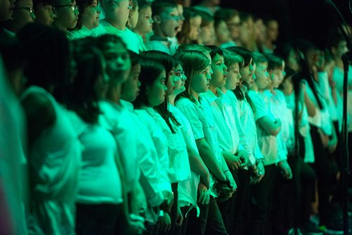 MIKAELA MACKENZIE / WINNIPEG FREE PRESS
Grade four, five, and six choir students in the Winnipeg School Division Divisional Elementary Choir listen after performing with the Winnipeg Symphony Orchestra as part of the Adventures in Music program at the Centennial Concert Hall in Winnipeg on Tuesday, May 14, 2019. 
Winnipeg Free Press 2019.
