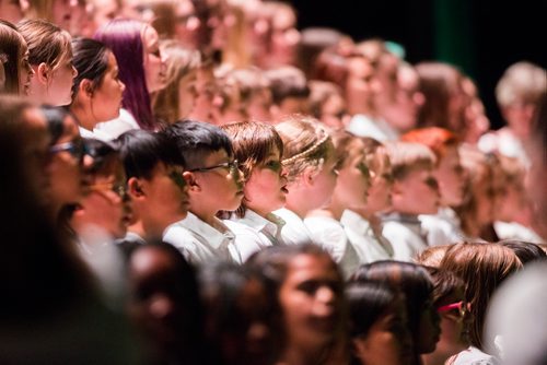 MIKAELA MACKENZIE / WINNIPEG FREE PRESS
Grade four, five, and six choir students in the Winnipeg School Division Divisional Elementary Choir perform with the Winnipeg Symphony Orchestra as part of the Adventures in Music program at the Centennial Concert Hall in Winnipeg on Tuesday, May 14, 2019. 
Winnipeg Free Press 2019.