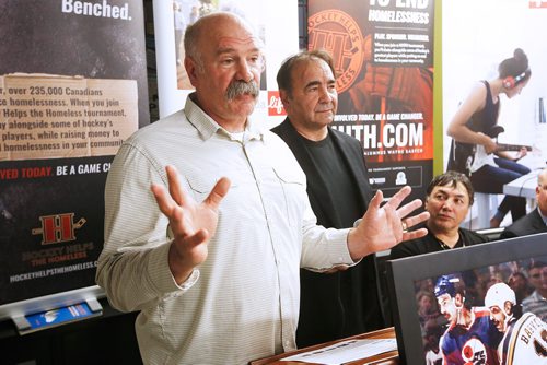 JOHN WOODS / WINNIPEG FREE PRESS
Former Winnipeg Jet and Hockey Helps the Homeless (HHTH) Ambassadors, Dave Babych, left, and his brother Wayne speak during a HHTH press conference at Resource Assistance for Youth (RAY) in Winnipeg Tuesday, May 14, 2019. HHTH announced their Winnipeg tournament to assist local homeless service agencies. HHTH is a Canadian not-for-profit that hosts fantasy hockey tournaments, where amateur hockey players get to lace up with some of Canadas most admired NHL Alumni and Olympic Gold Medalists to raise awareness and funds that make a direct impact in their community. 
Reporter: Bell