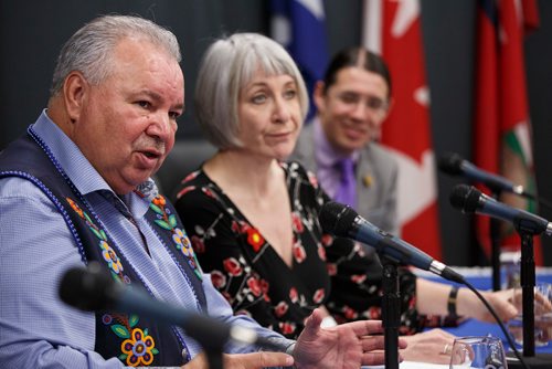 MIKE DEAL / WINNIPEG FREE PRESS
MMF president David Chartrand during the announcement with Patty Hajdu (right), Canada's Federal Minister of Employment, Workforce Development and Labour regarding funding of $325 million over five years, and $67 million per year ongoing, dedicated to the Métis Nation Labour Market stream.
The announcement with MMF president David Chartrand was signed during a ceremonial moment at the MMF on Henry Street Wednesday morning.
190515 - Wednesday, May 15, 2019.