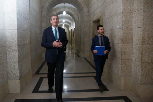 MIKE DEAL / WINNIPEG FREE PRESS
Premier Brian Pallister talks to the media after question period in the Manitoba Legislature Wednesday afternoon.
190515 - Wednesday, May 15, 2019.