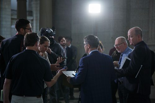 MIKE DEAL / WINNIPEG FREE PRESS
Cameron Friesen Minister of Health, Seniors and Active Living talks to the media after question period in the Manitoba Legislature Wednesday afternoon.
190515 - Wednesday, May 15, 2019.