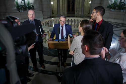 MIKE DEAL / WINNIPEG FREE PRESS
Cameron Friesen Minister of Health, Seniors and Active Living talks to the media after question period in the Manitoba Legislature Wednesday afternoon.
190515 - Wednesday, May 15, 2019.