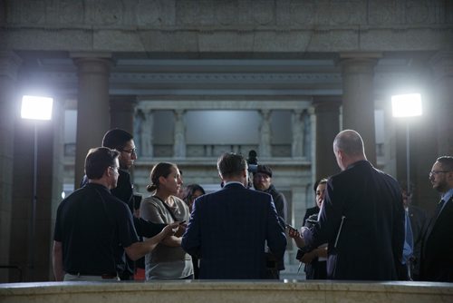 MIKE DEAL / WINNIPEG FREE PRESS
Cameron Friesen Minister of Health, Seniors and Active Living talks to the media after question period in the Manitoba Legislature Wednesday afternoon.
190515 - Wednesday, May 15, 2019.