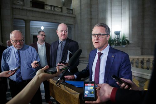 MIKE DEAL / WINNIPEG FREE PRESS
Cameron Friesen Minister of Health, Seniors and Active Living talks to the media after question period in the Manitoba Legislature Wednesday afternoon.
190515 - Wednesday, May 15, 2019.