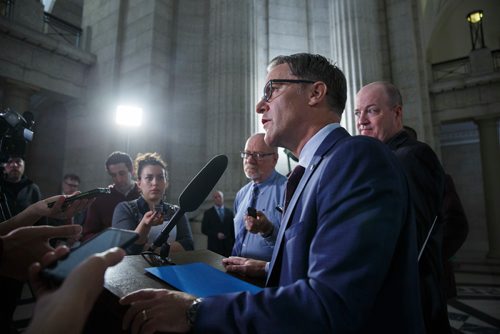 MIKE DEAL / WINNIPEG FREE PRESS
Cameron Friesen Minister of Health, Seniors and Active Living talks to the media after question period in the Manitoba Legislature Wednesday afternoon.
190515 - Wednesday, May 15, 2019.