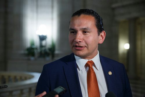MIKE DEAL / WINNIPEG FREE PRESS
Wab Kinew Leader of the MB NDP and Leader of the Opposition talks to the media after question period in the Manitoba Legislative Assembly Wednesday afternoon.
190515 - Wednesday, May 15, 2019.