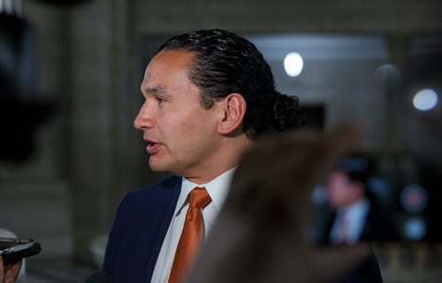 MIKE DEAL / WINNIPEG FREE PRESS
Wab Kinew Leader of the MB NDP and Leader of the Opposition talks to the media after question period in the Manitoba Legislative Assembly Wednesday afternoon.
190515 - Wednesday, May 15, 2019.
